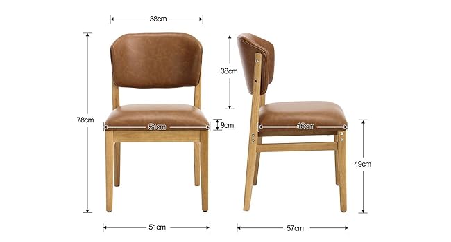 Wooden dining chair with tan leather upholstered seat and backrest shown from front and side angles with dimension measurements labeled for height, width, and depth specifications.