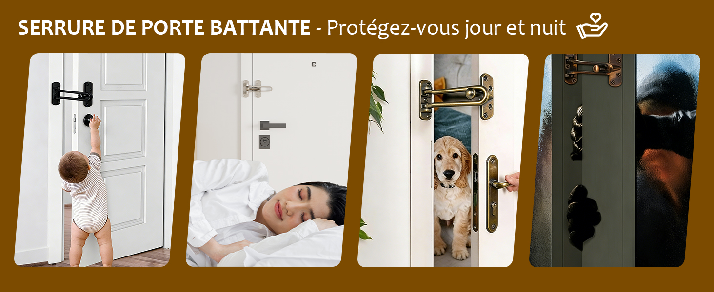 Le texte se lit comme suit : « SERRURE DE PORTE BATTANTE - Protégez-vous jour et nuit ». Collection d'images montrant le processus d'installation et l'utilisation des serrures de sécurité dans différentes conditions d'éclairage.