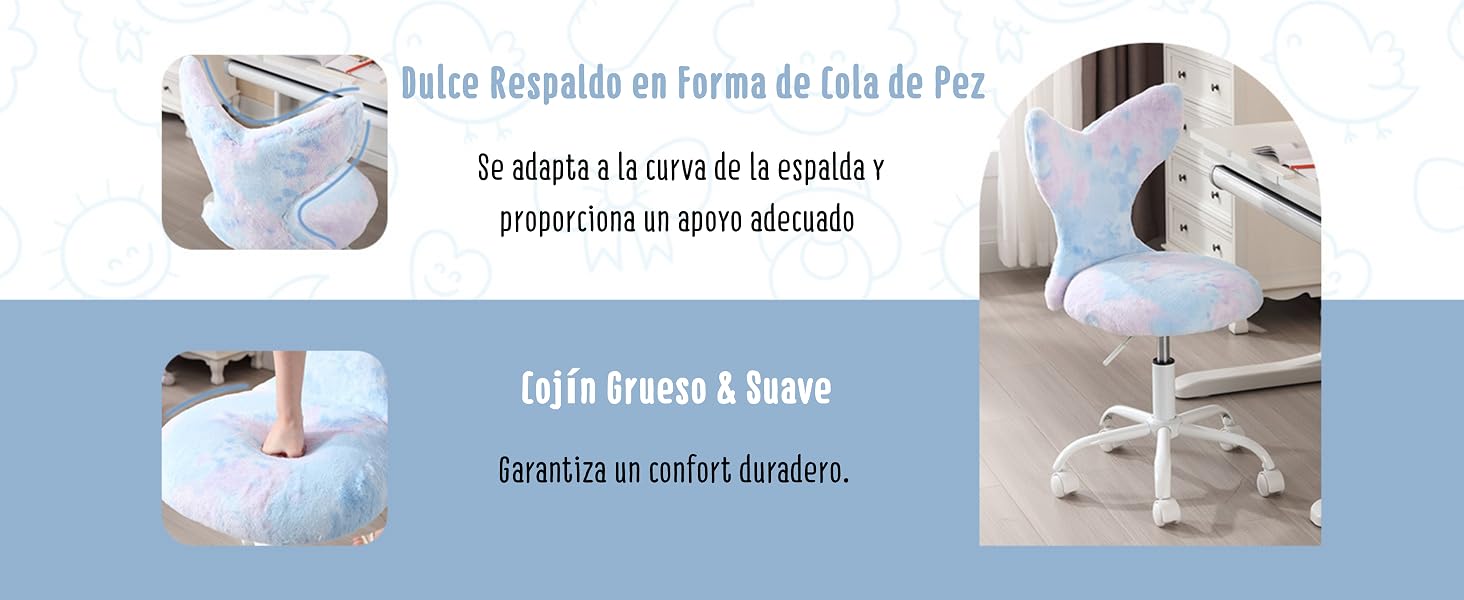 con forma de pez para apoyar la espalda en sillas de oficina. Azul claro con estampados coloridos. Las características incluyen un diseño ergonómico, una textura suave y una posición ajustable para mayor comodidad.