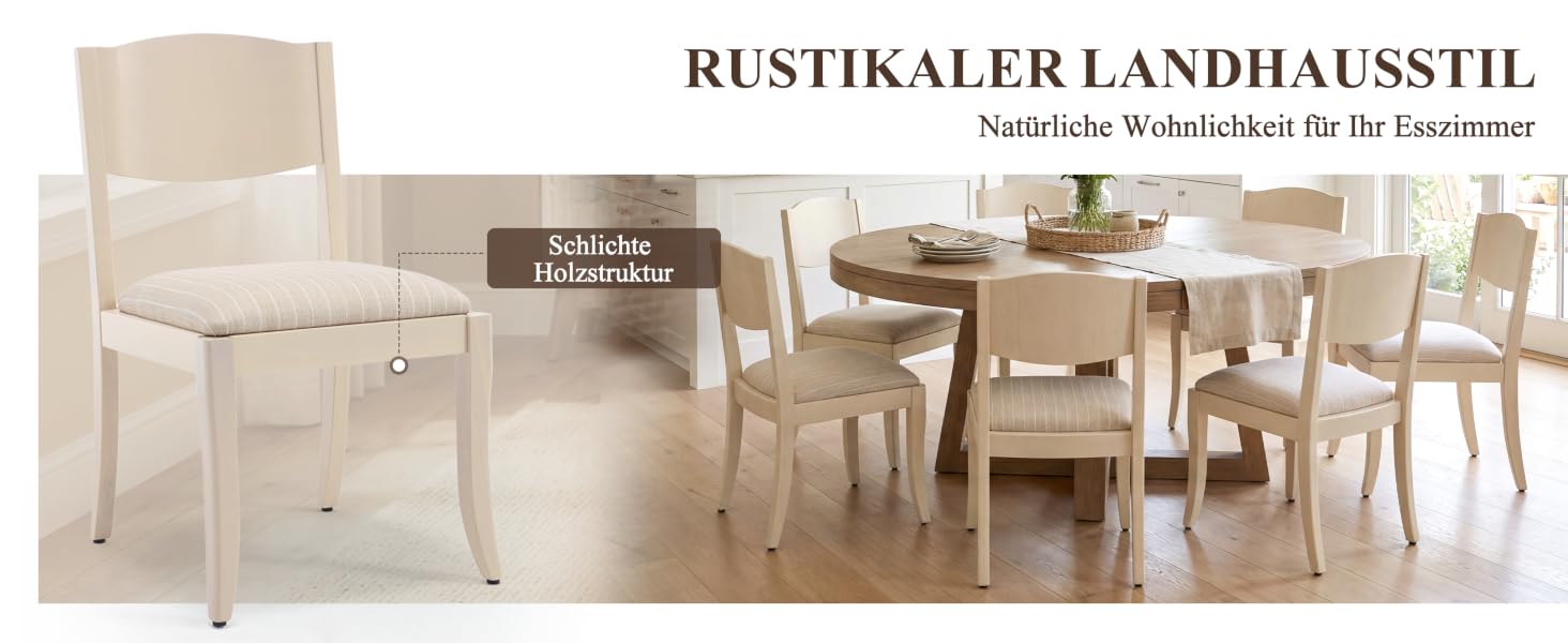 Der Text lautet „RUSTIKALER LANDHAUSSTIL“ und „Naturbelassenes Holz für die Ewigkeit“. Esszimmergarnitur im Landhausstil mit hellem Holztisch, passenden Stühlen und cremefarbenem Polstersessel.