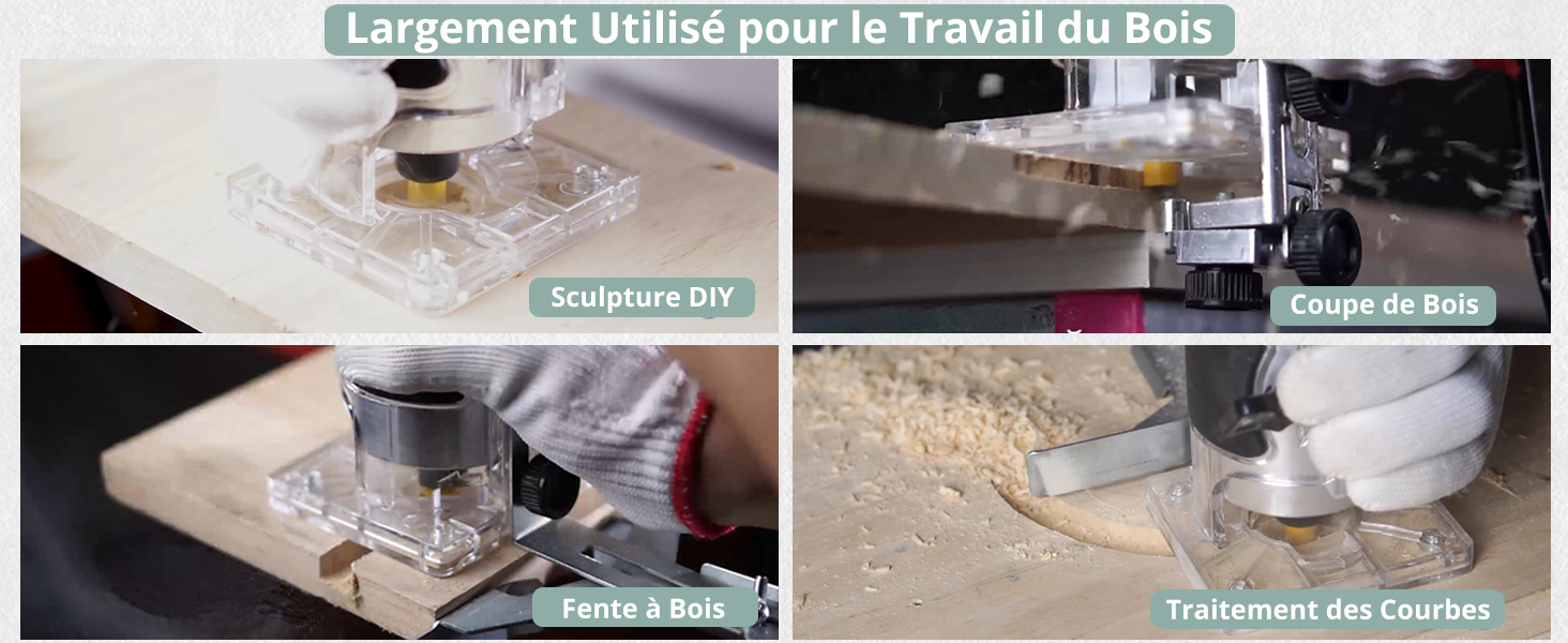 Image à quatre panneaux montrant le processus de traitement de la surface en bois : ponçage, nettoyage, application du produit et résultat final poli.