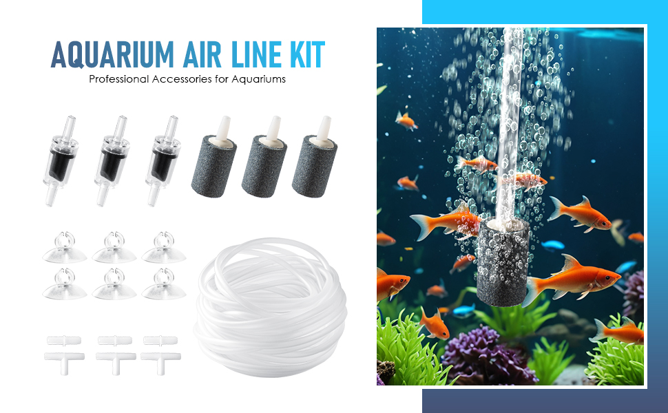 Text reads: 'AQUARIUM AIR LINE KIT'. Split image showing air pump components and tubing on left, aquarium with bubbling air and goldfish on right.