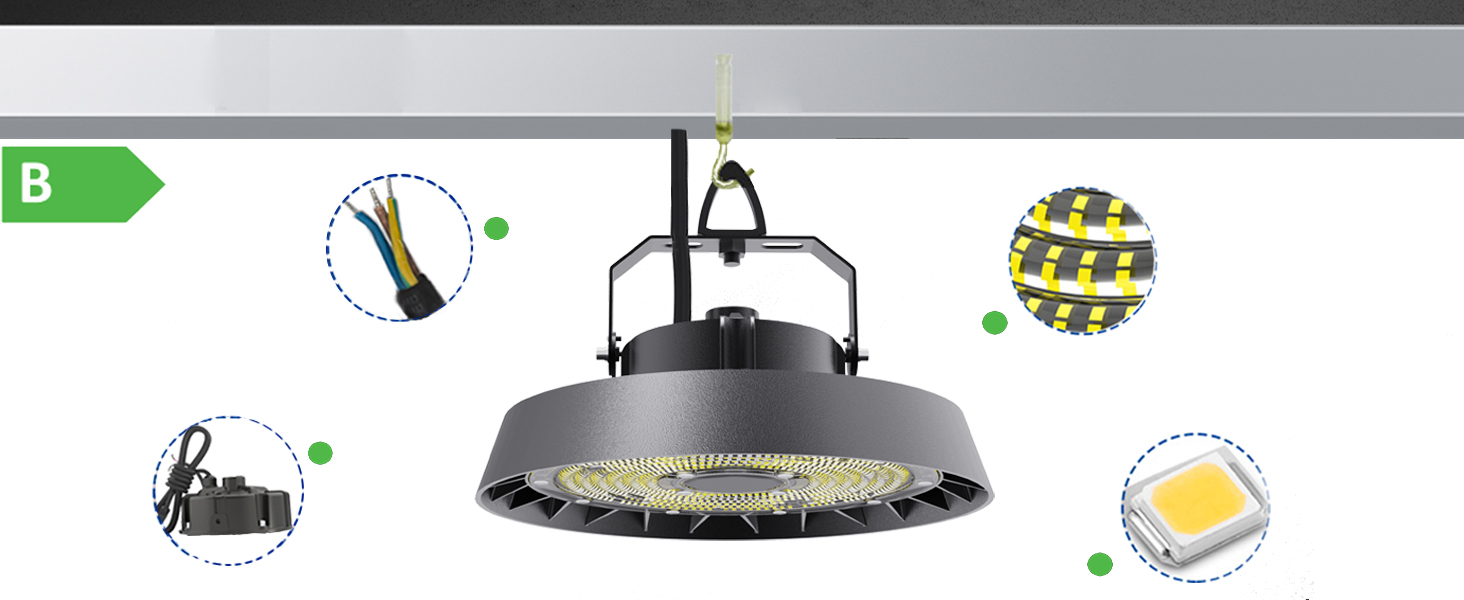 LED-Hochregallampe im Industriestil mit einstellbarem Winkel. Die Infografik zeigt Funktionen wie Helligkeitssteuerung, LED-Chips und Energieeffizienz