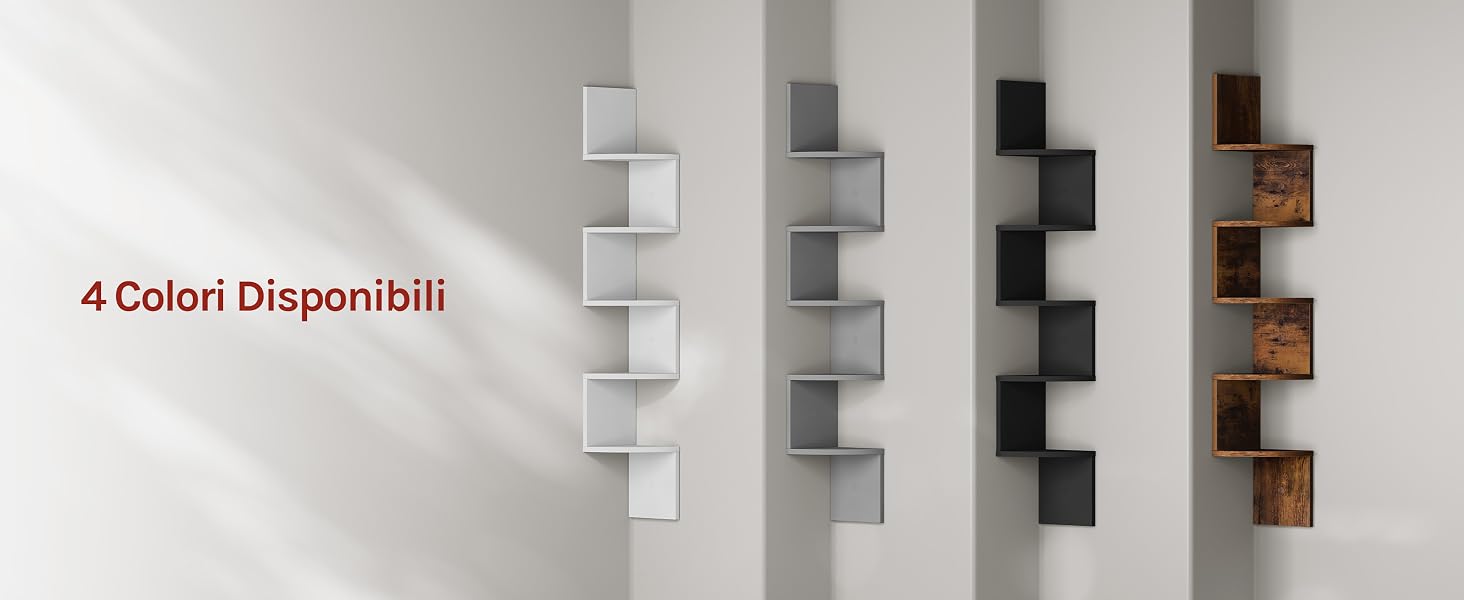Il testo recita: «4 colori disponibili». Moderni ganci o appendini da parete geometrici disponibili in diverse finiture, compresi i toni bianchi e scuri.