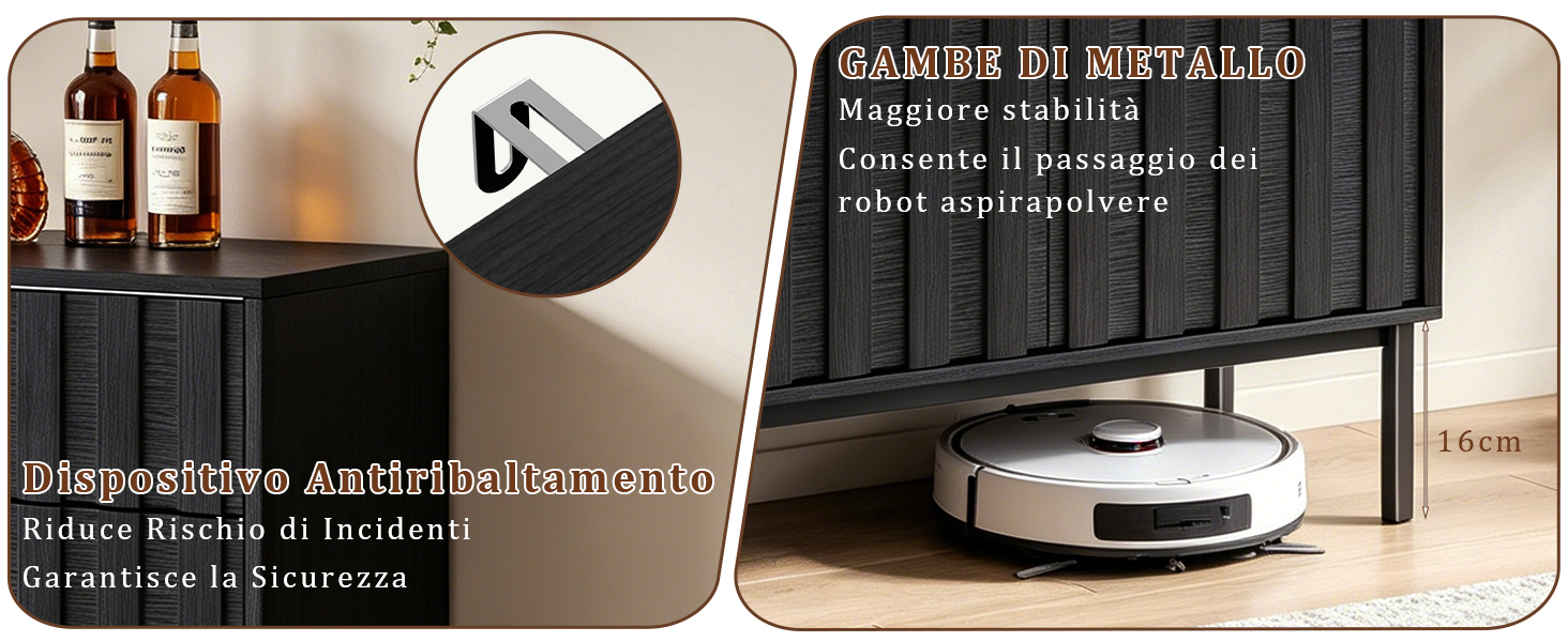 Il testo recita «REGALI DI BABBO NATALE». Immagine a pannello diviso: a sinistra mostra bottiglie di vino con elementi decorativi; a destra mostra un aspirapolvere robotico bianco sul pavimento di legno accanto al bancone della cucina.