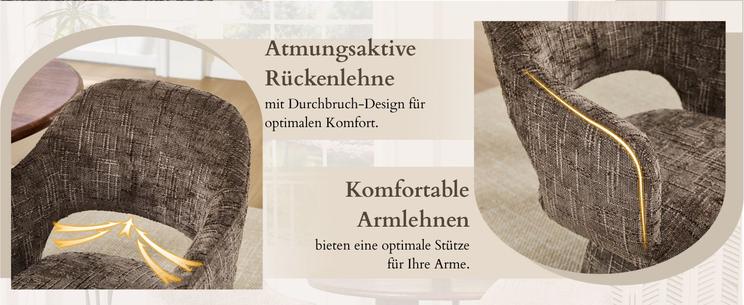Der Text lautet „Anmutungsvolle“, „Rückenlehne“, „Komfortabel“. Mehrere Ansichten von strukturiertem Stoff oder Polstermaterial.