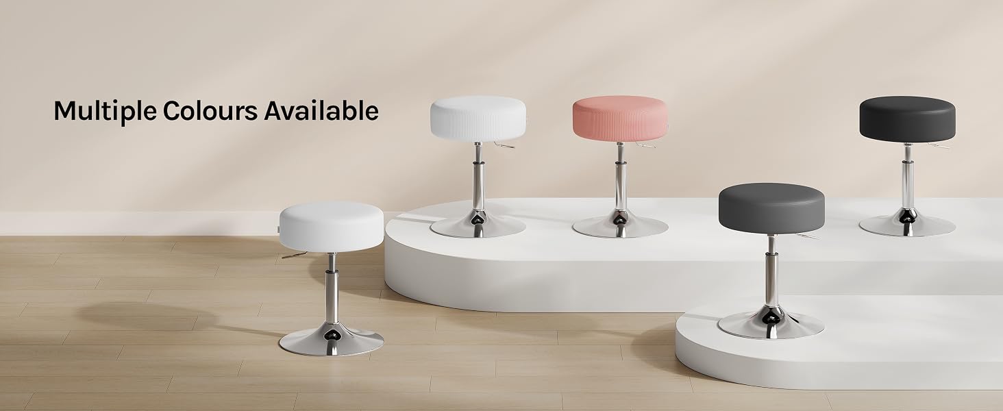 Text reads 'Multiple Colours Available'.
[SENTENCE 16] Display stand with five interchangeable colored tops in white, pink, and black variations.
