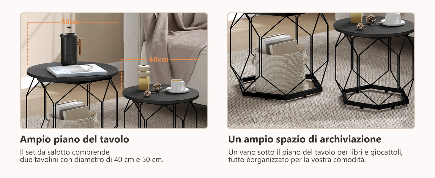 Espositore del prodotto che mostra cestini portaoggetti geometrici in filo nero di diverse dimensioni, disposti su superfici in legno