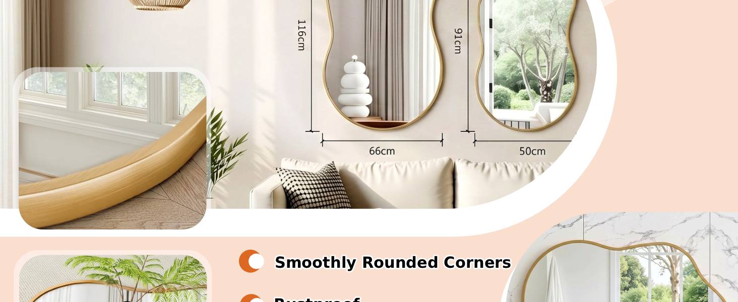 Text reads 'Smoothly Rounded Corners'. Composite showing mirror, pendant light, and potted plant on pale pink wall, featuring home decor items with curved edges and soft aesthetic styling.