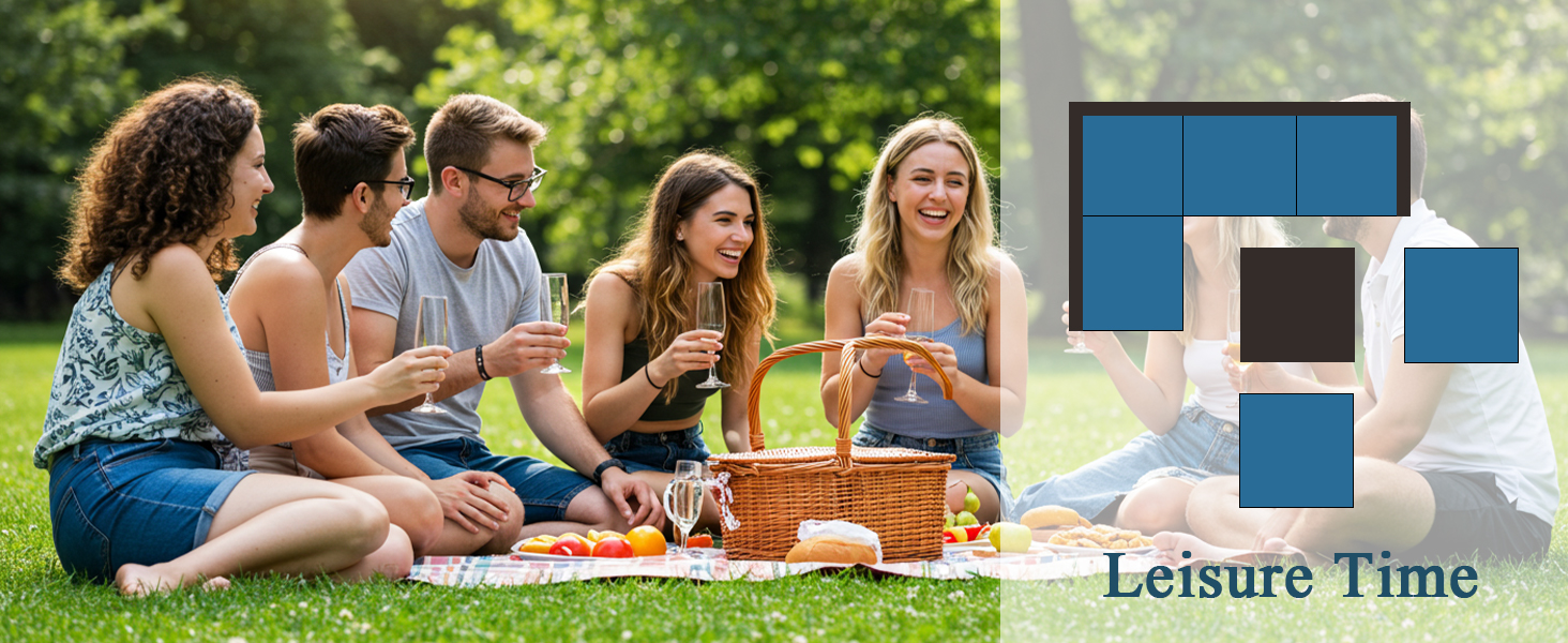 Text reads 'Leisure Time'. Collection of outdoor scenes showing people enjoying social activities on grass and patio settings.