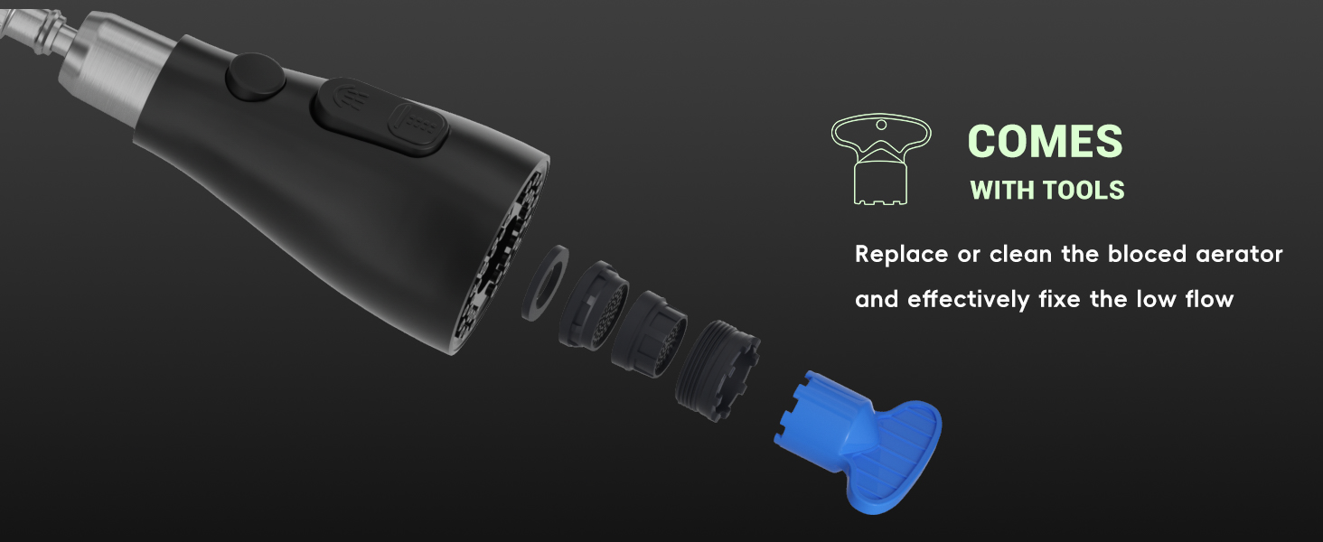 Close-up of a black plumbing tool with text 'COMES WITH TOOLS'. Blue attachment visible. Text mentions 'Replace or clean the blocked aerator'.