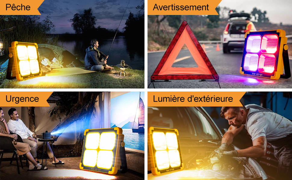 disponibles dans quatre scénarios : pêche, alerte routière, urgence et éclairage extérieur. Lumières jaunes vives pour diverses utilisations.