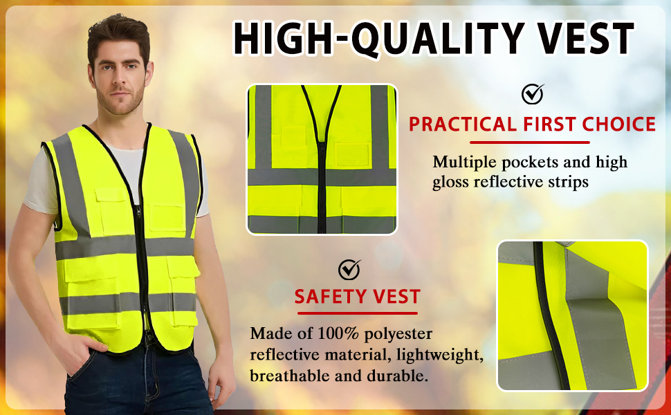 Gilet de sécurité haute visibilité jaune fluo avec bandes réfléchissantes, caractéristiques du produit indiquées sur des panneaux d'information