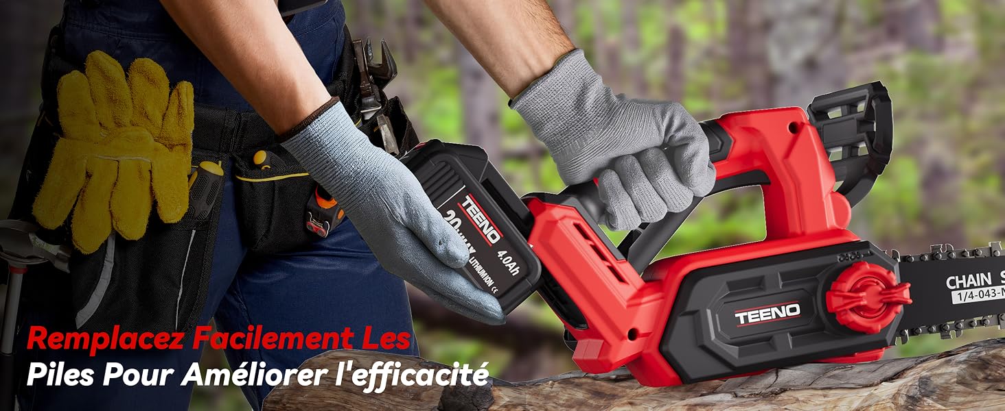 Le texte se lit comme suit : « Piles pour améliorer l'efficacité ». Série d'images montrant des outils ou équipements électriques rouges utilisés à l'extérieur avec des gants de protection.