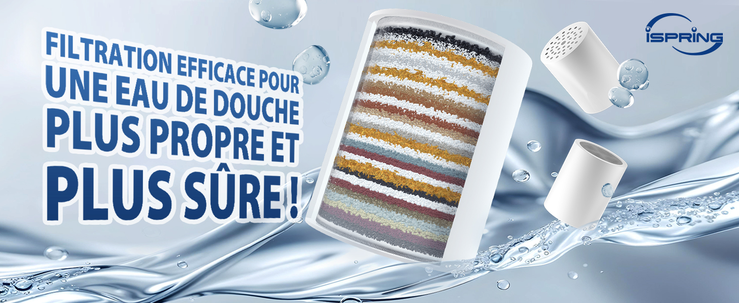 Cartouche filtrante de douche multicouche avec couches de filtration colorées, représentée à côté des gouttelettes d'eau et du boîtier du filtre. Le texte favorise une filtration efficace pour une eau de douche plus propre et plus sûre.