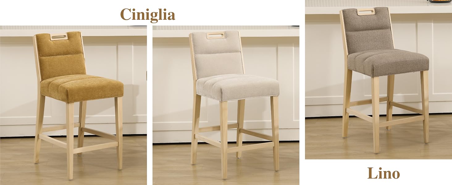 Il testo recita «Claudia» e «Lion». Vetrina del prodotto di sedie da pranzo in legno con rivestimento beige su più angolazioni, visualizzate in una disposizione orizzontale su sfondo bianco.