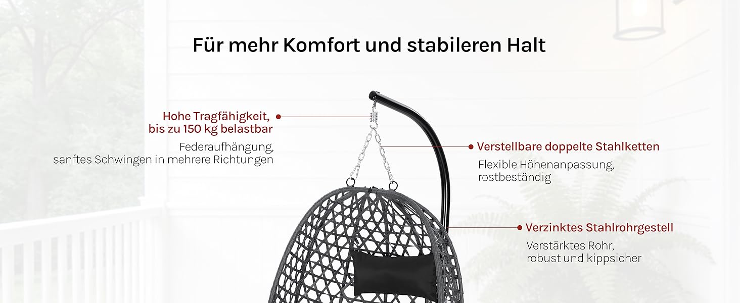 Der Text lautet „Für mehr Komfort und stabileren Halt“. Technisches Diagramm oder Schema mit gekrümmten Linien und Messindikatoren.
