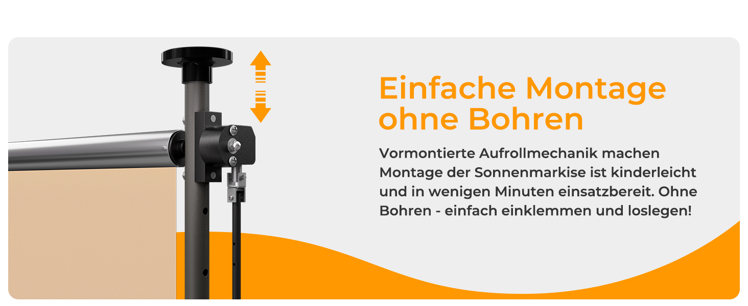 Der Text lautet: „Einfache Montage“, „ohne Bohren“, „Montage der Sonnenmarkise ist kinderleicht und in wenigen Minuten einsatzbereit“. Orangefarbenes Banner mit Halterung oder Hardwarekomponente.