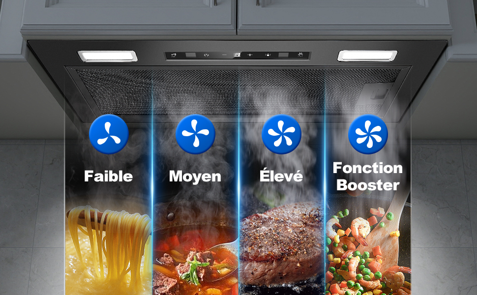 Le texte indique « Faible », « Moyen », « Eleve », « Booster ». Écran à quatre panneaux affichant des niveaux d'intensité croissants avec des icônes bleues de ventilateur, illustrant les réglages du système de ventilation ou de refroidissement.