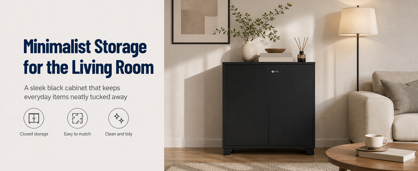 Le texte indique « Rangement minimaliste pour le salon ». Meuble de rangement cubique noir exposé dans la chambre à coucher avec lampe et plante à côté, illustrant une organisation minimaliste de la maison.