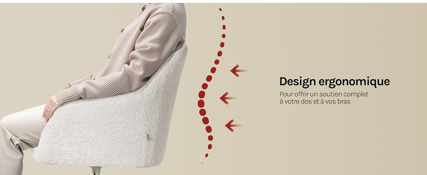 Le texte se lit comme suit : « Design ergonomique » avec un sous-texte décrivant les dimensions. Coussin ou coussin blanc de la personne tenant le bras ou la main avec support ergonomique illustré par un diagramme en pointillés indiquant un support incurvé.