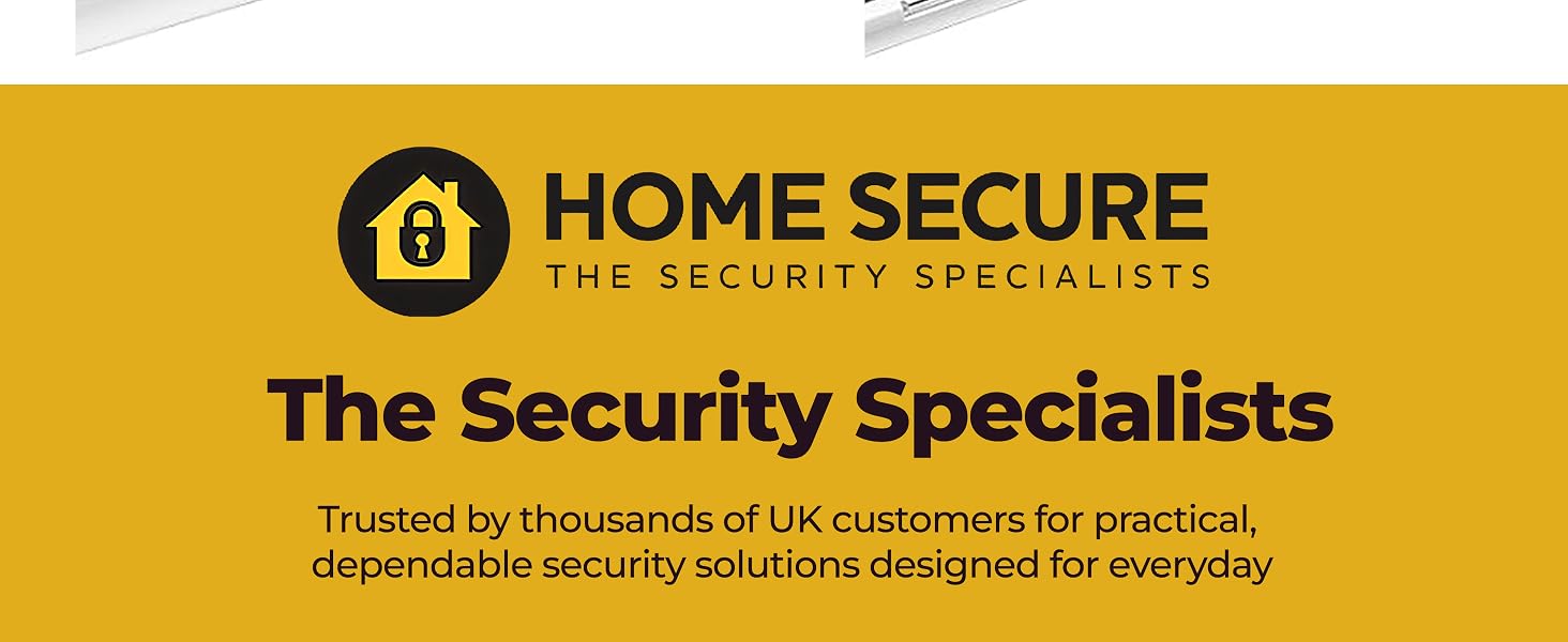 Text reads 'HOME SECURE' and 'The Security Specialists'. Banner-style marketing images in yellow and black corporate branding scheme.