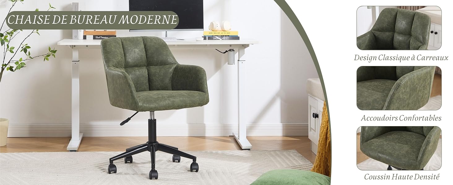 Le texte indique « Image 3 » et « CHAISE DE BUREAU MODERNE ». Chaise de bureau moderne au revêtement vert olive présentée sous plusieurs angles dans un environnement minimal.