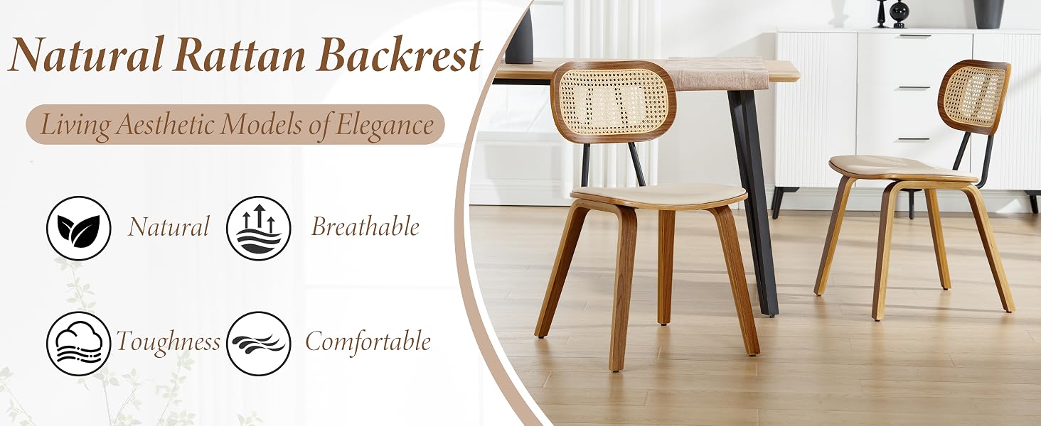 Two wooden dining chairs with rattan backrests in a modern setting. Chairs feature natural materials, breathable design, and comfortable seating, highlighting their aesthetic and functional qualities.