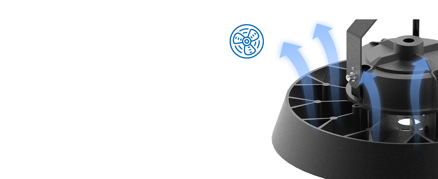 Schwarzes rundes Gerät mit mehreren Steckplätzen, möglicherweise zur Aufbewahrung von Gegenständen. Blaue Pfeile zeigen den Luftstrom an. Ein Lüftersymbol weist auf eine Funktion der Luftzirkulation hin