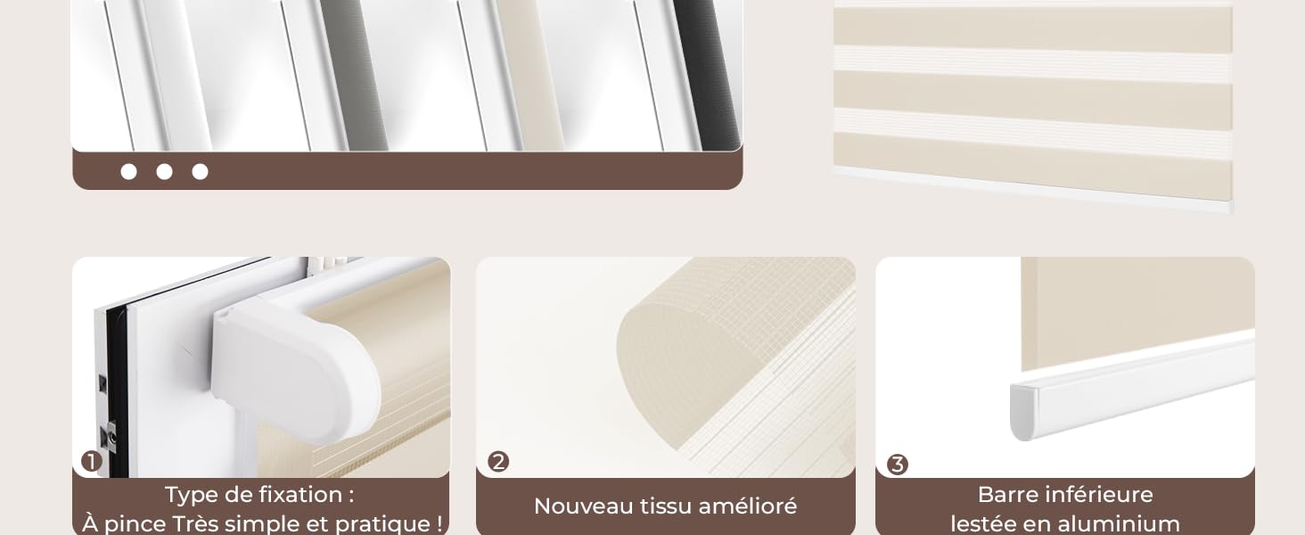 Trois fenêtres de style navigateur affichant les commandes de l'interface et les panneaux de paramètres dans un thème sombre, avec des barres de défilement et des menus d'options visibles.