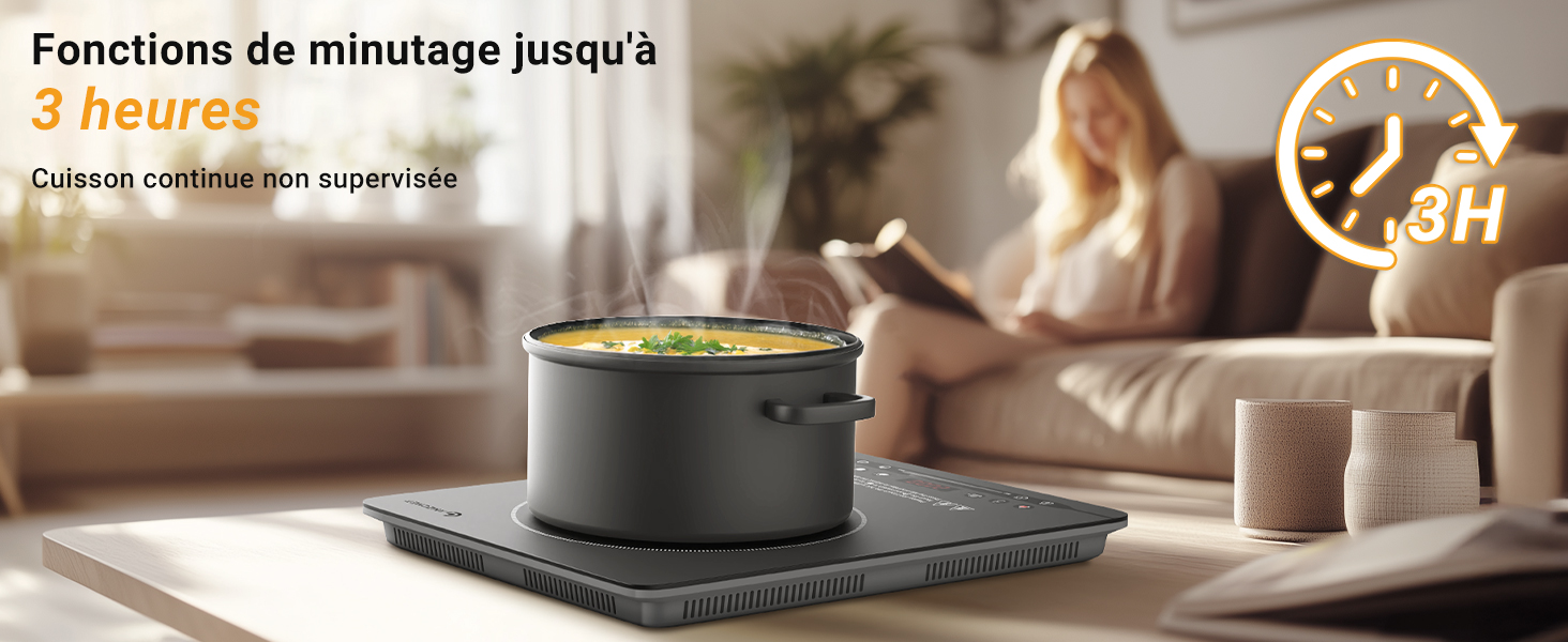 Appareil électronique ou minuterie affiché dans un salon, avec un écran indiquant les fonctions de chronométrage jusqu'à 3 heures.
