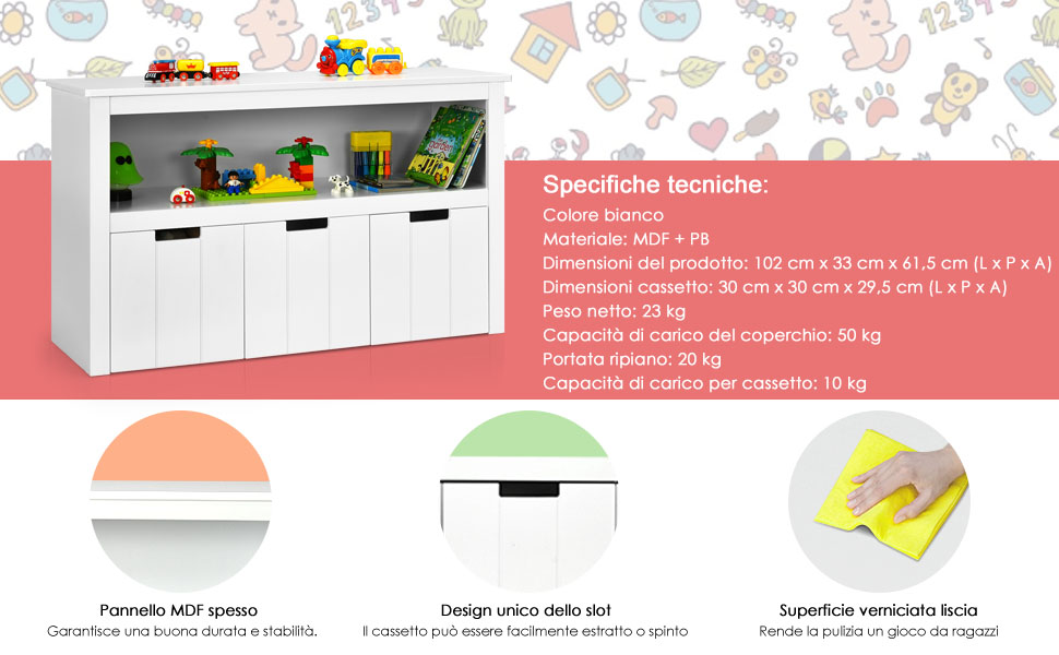 Armadio con specchio e appendiabiti per bambini, Mobile organizer  giocattoli e vestiti con disegni di corona Rosa - Costway