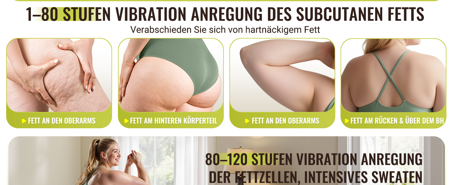 Der Text lautet '1-80 STUFEN VIBRATION ANREGUNG DES SUBCUTANEN FETTS'. Hinweistafeln mit medizinischen Hinweisen zur Anwendung des Massagegeräts mit deutschen Textanmerkungen.