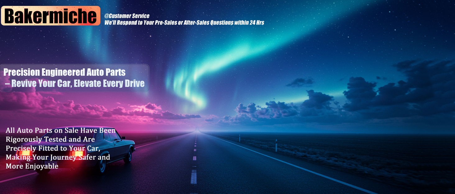 Auto parts advertisement featuring a night road under the Northern Lights. Text promotes precision-engineered parts to 'Revive Your Car, Elevate Every Drive' and mentions rigorous testing and safety.