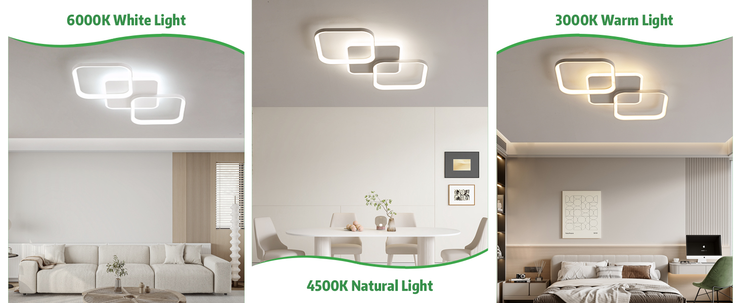 Moderne Deckenleuchte in drei Farbtemperaturen: kaltweiß (6000 K), natürlich (4500 K) und warm (3000 K). Präsentiert quadratische LED-Panels