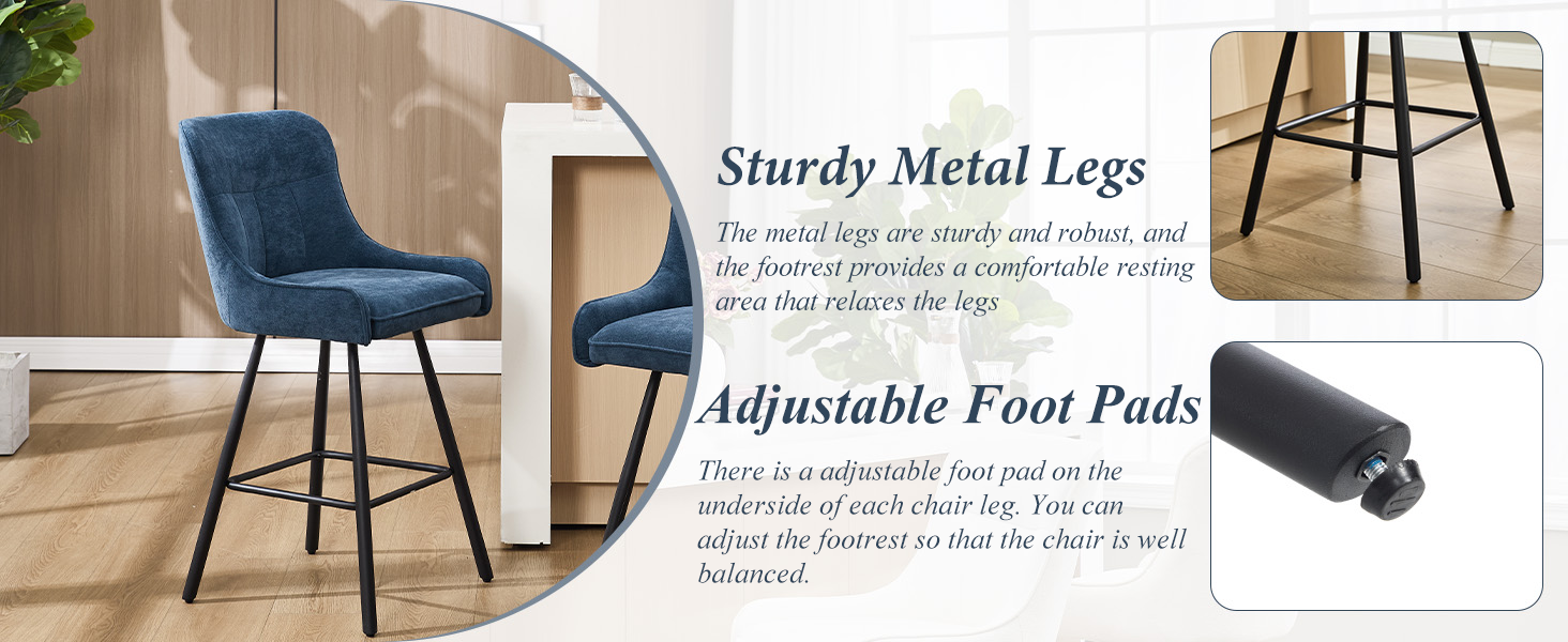 Text reads 'Shiny Metal Legs' and 'Adjustable Foot Pads.' Product images showing close-up views of blue upholstered chair legs and adjustment mechanisms.