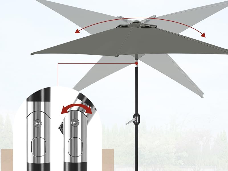 Der Text lautet „Verstellbarer Winkel“. Technisches Diagramm, das den verstellbaren Mechanismus des Außenschirms mit mehreren Winkelpositionen und Befestigungsdetails zeigt.