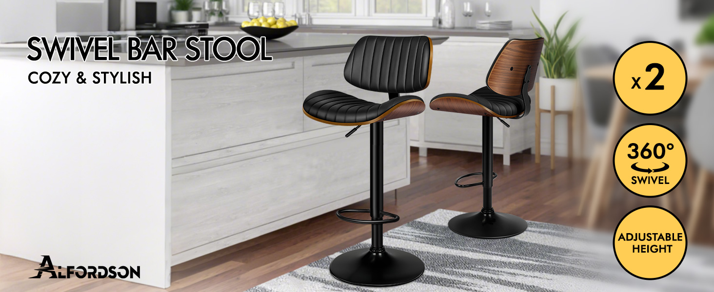Text reads 'SWIVEL BAR STOOL', 'COZY &amp; STYLISH'. Two modern upholstered bar stools with swivel bases and footrests shown in contemporary kitchen setting. Black and brown fabric options displayed with gold certification badges.