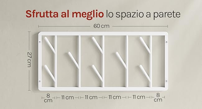 Il testo recita 'Sfrutta al meglio lo spazio a pareti' con le dimensioni '60 cm' e '222 cm' contrassegnate. Scaffale da parete bianco con motivo a traverse diagonali e scomparti multipli, misura mostrata la larghezza di 60 cm.