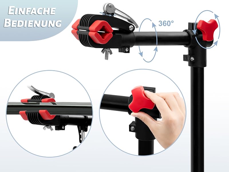 Bicycle repair stand with 360-degree rotation capability, featuring red quick-release clamps and adjustable height mechanism.