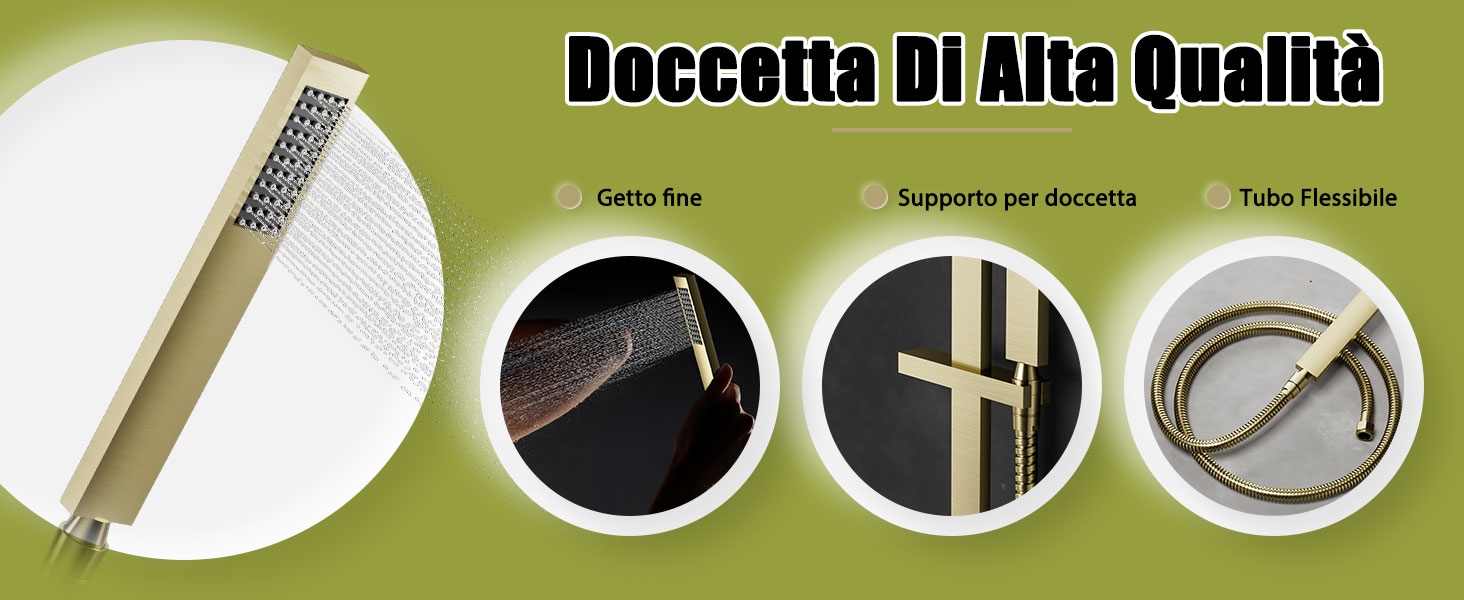 Il testo recita «Boccetta Di Alta Qualità». Serie di immagini circolari di prodotti che mostrano varie angolazioni e dettagli di quelli che sembrano essere componenti meccanici.