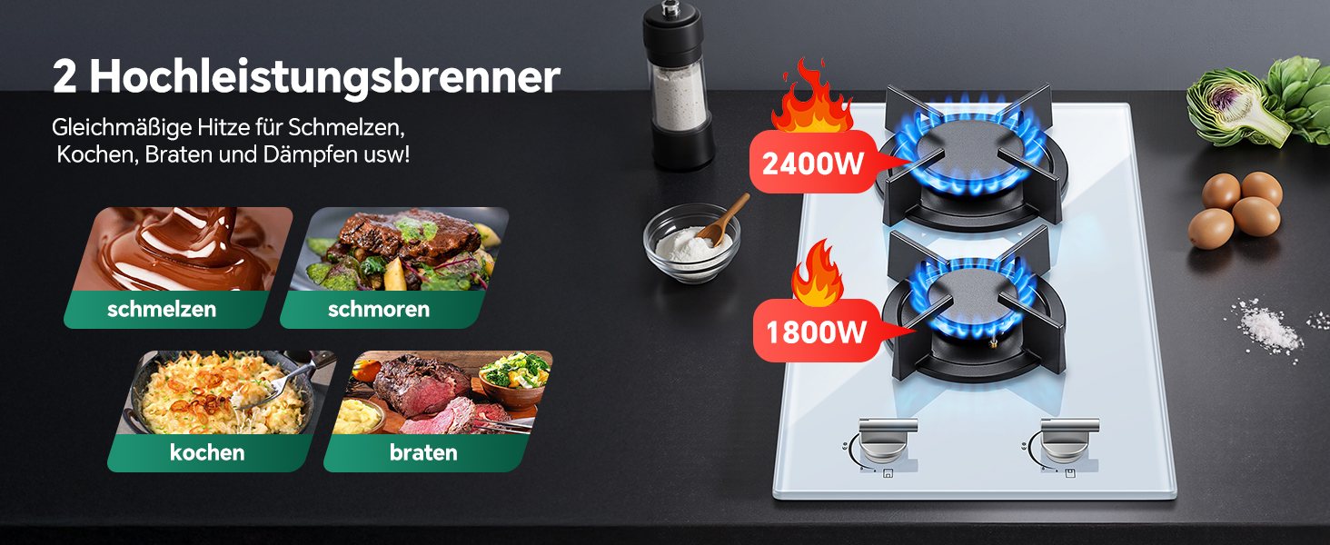 Le texte indique « 2600 W » et « 1800 W ». Démonstration du produit montrant différents scénarios de cuisson sur une table de cuisson électrique à deux brûleurs avec boutons de commande. Montre différentes casseroles et différents aliments cuits simultanément.