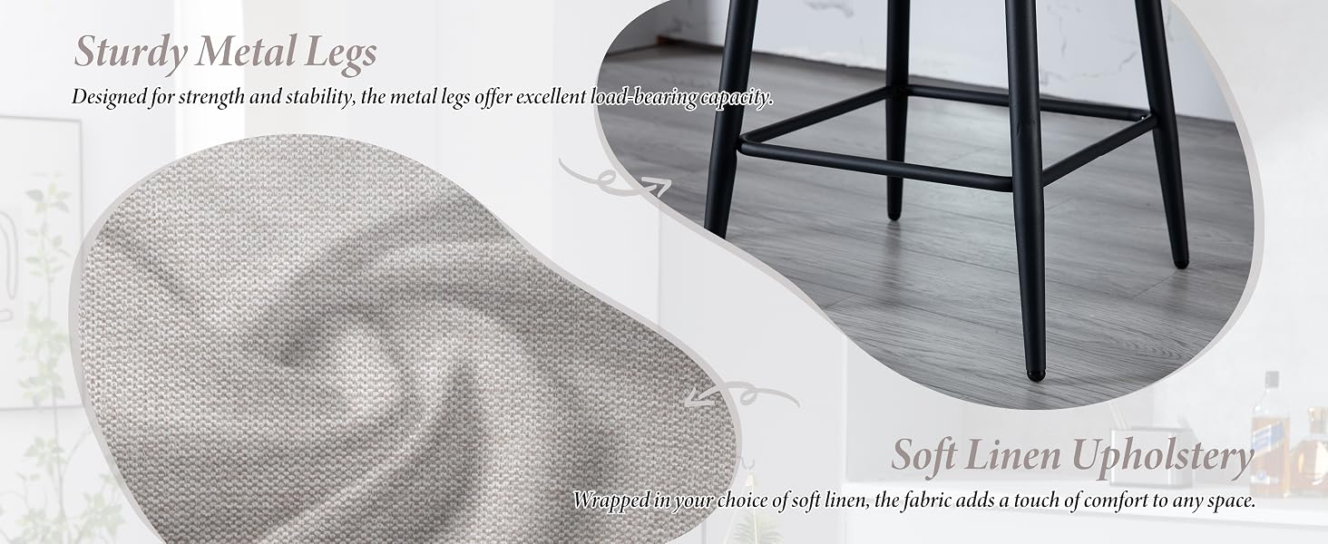 Split image showcasing bar stool features: sturdy black metal legs on wood flooring and soft gray linen upholstery fabric close-up, emphasizing durability and comfort.