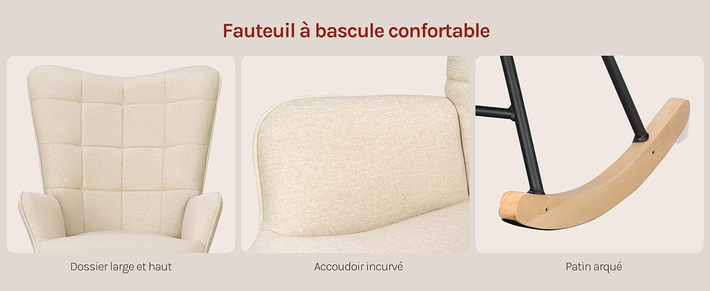 Le texte indique « Fauteuil à bascule confortable ». Trois vues d'un fauteuil à bascule de couleur crème montrant la chaise complète, les détails du coussin et la base à bascule.