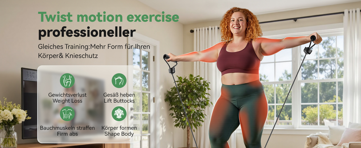 Der Text lautet „Bild 3“ und „Twist Motion Exercise Professioneller“. Fitness-Setting mit burgunderfarbenem Sport-BH und dunkelgrünen Leggings vor einem hellen Innenraum mit Pflanzen.