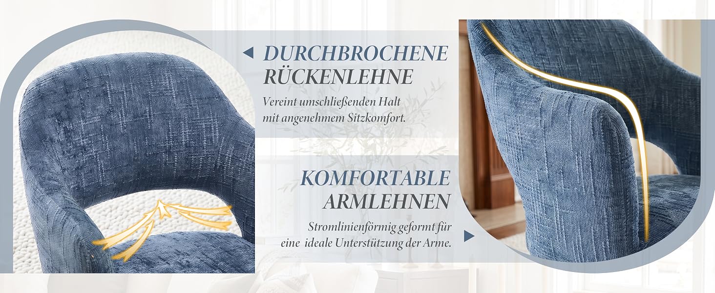 Der Text lautet „DURCHBROCHENE RÜCKENLEHNE“ und „KOMFORTABLE ARMLEHNEV“ auf Deutsch. Das blaue Detail der gesteppten Stuhllehne aus zwei Blickwinkeln zeigt das strukturierte Stoffmuster und das bequeme Armlehnendesign.
