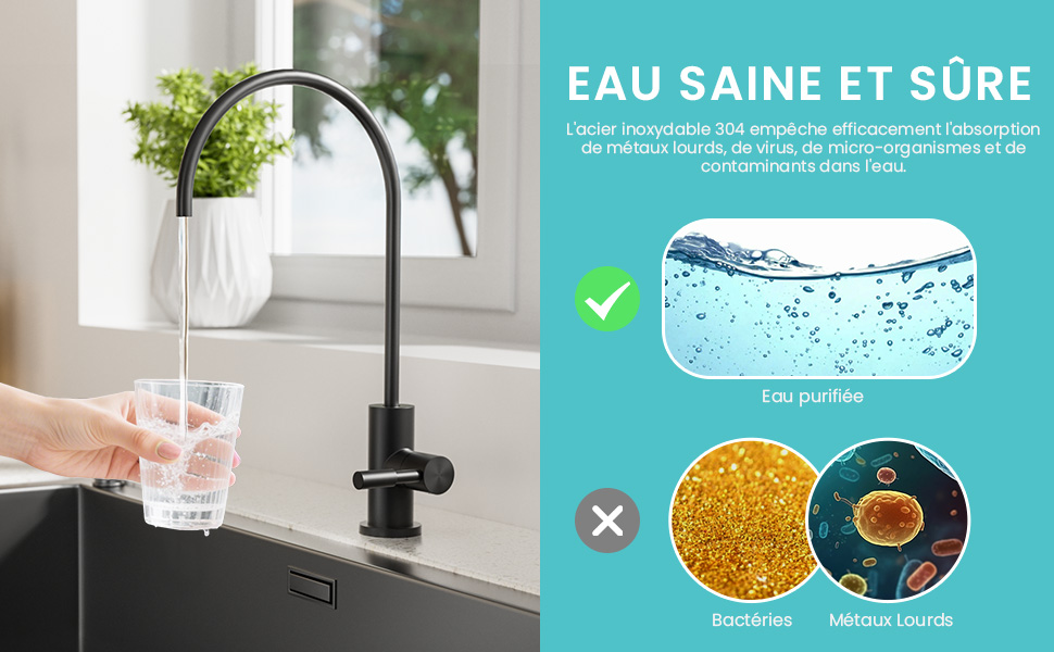 Le texte se lit comme suit : « EAU SAINE ET SÛRE ». Images montrant le concept de purification de l'eau avec des symboles de coche et de croix, avec un verre à eau et une illustration de filtration.