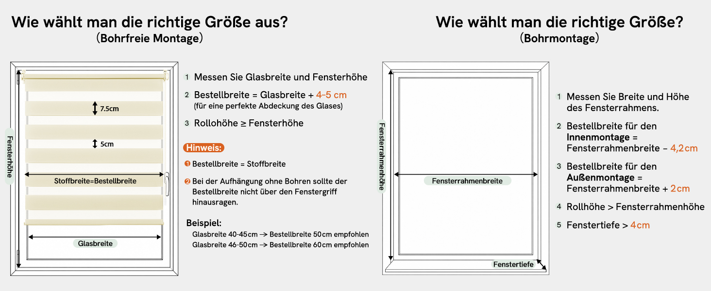 Text lautet „Wie wählt man die richtige Größe aus?“ (Wie wähle ich die richtige Größe?) und „Wie wählt man die richtige Größe?“ (Wie wähle ich die richtige Größe?). Größentabelle mit deutschem Text mit Maßanweisungen und Größenkategorien.