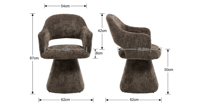 Technical diagrams showing dimensional measurements of a chair or seat design from multiple angles