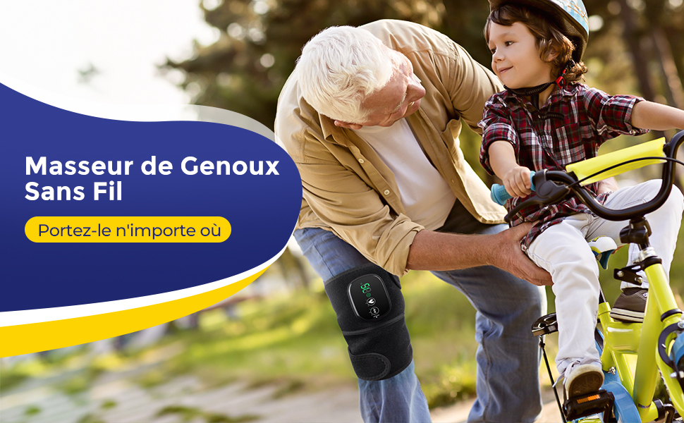 porté par une personne âgée lorsqu'un enfant est assis sur un vélo jaune. Le texte indique « Masseur de Genoux Sans Fil